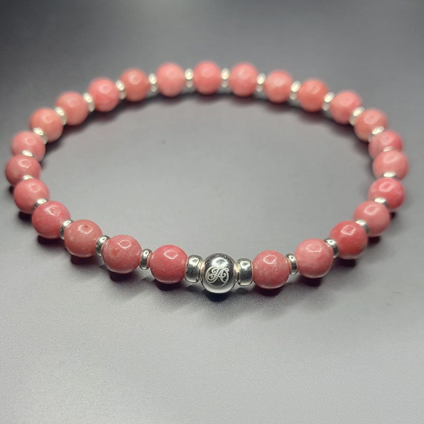 DIVE bracelet with 6 mm pink rhodonite beads and sterling silver details
