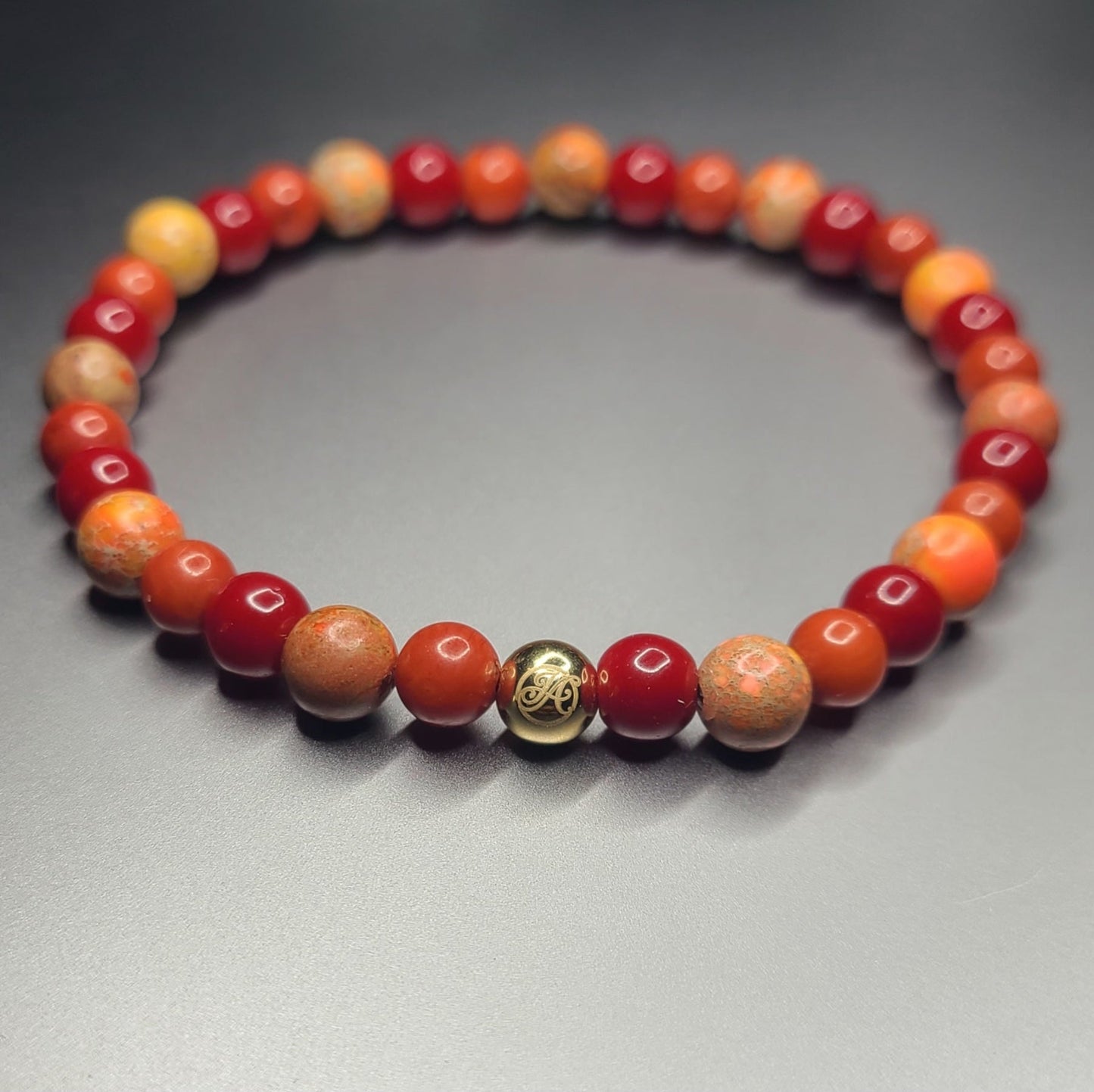 RITMO RED CORAL, ORANGE CORAL & PICTURE JASPER handcrafted bracelet with 6mm red coral, orange coral & picture jasper / 14k solid gold