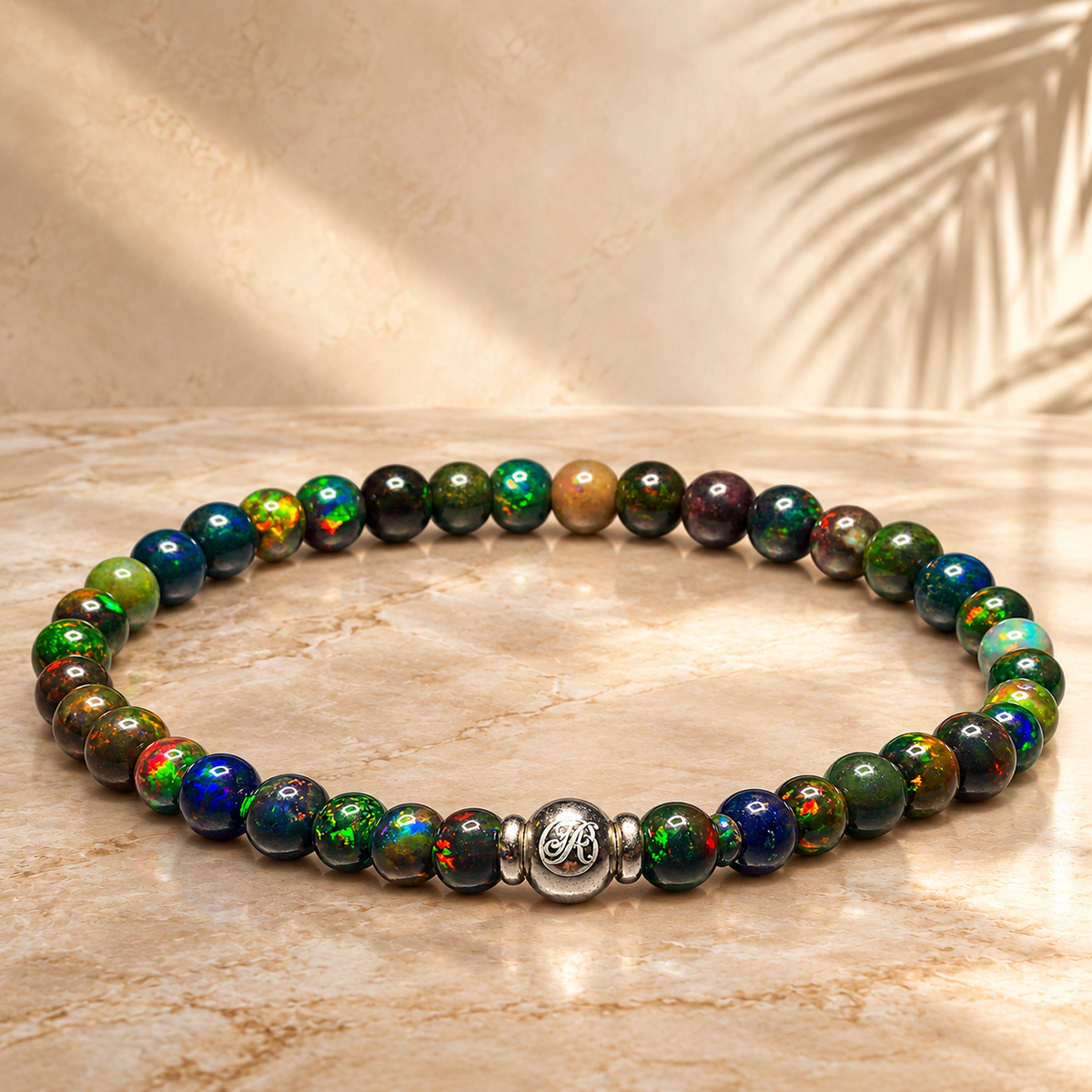 October Ember Opal and sterling silver V1 bracelet with 3 mm and 4 mm beads