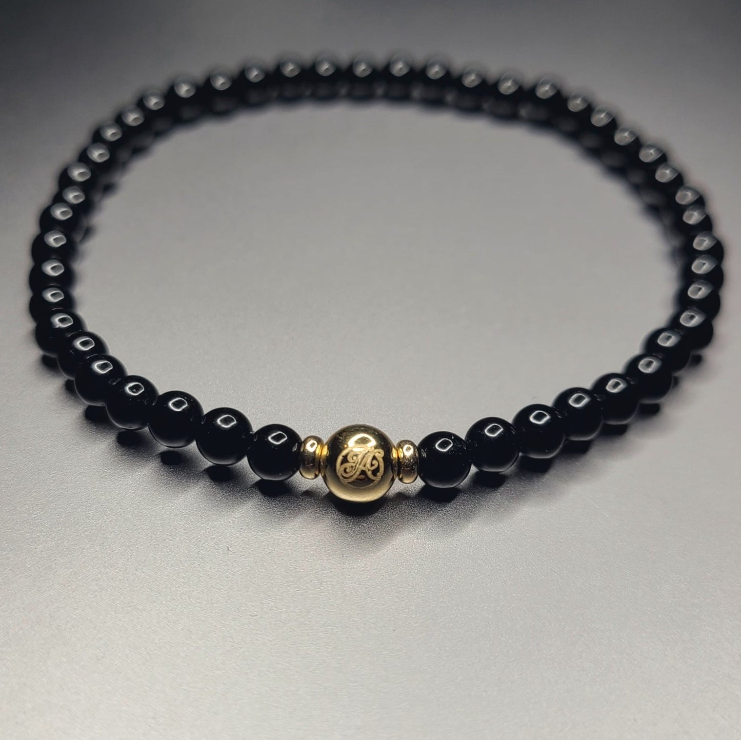 SIGNATURE BLACK ONYX handcrafted bracelet with 4mm black onyx & 14k solid gold