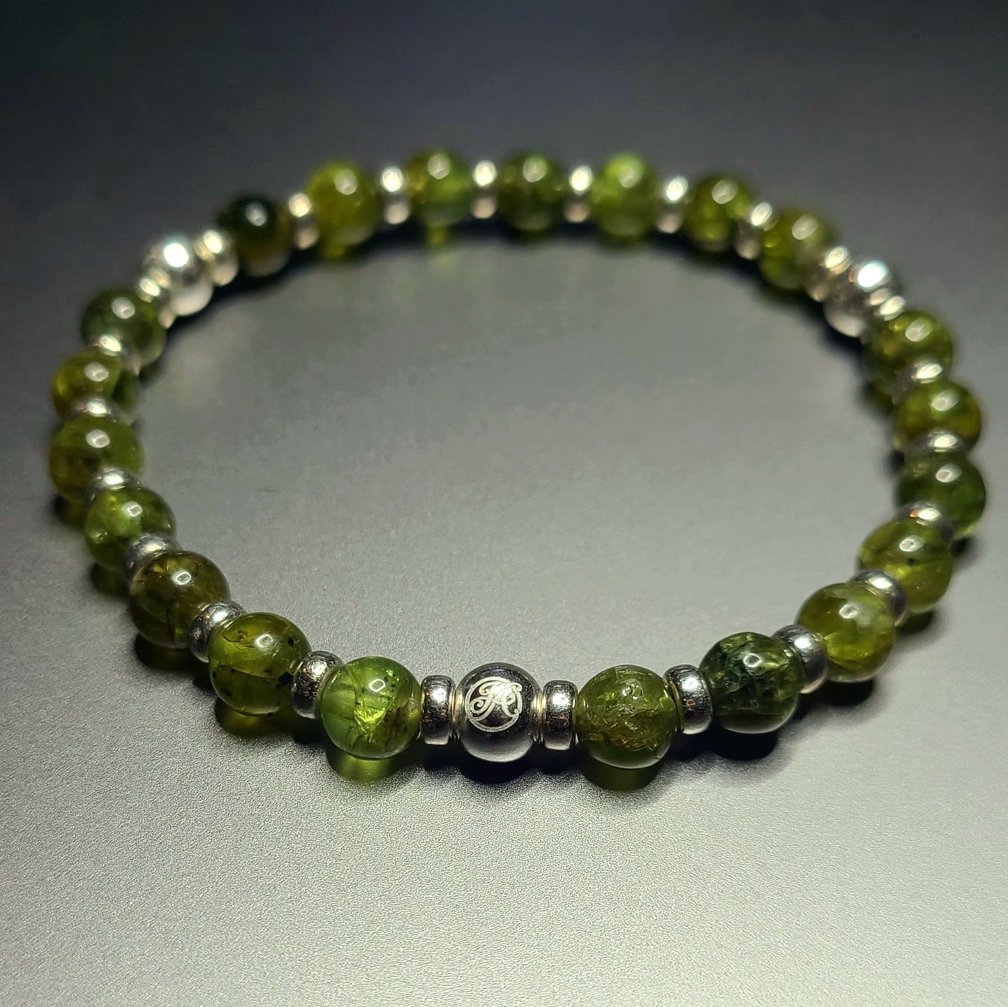 August Peridot and Sterling Silver V1 bracelet with 6 mm natural peridot beads