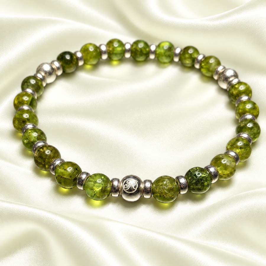 August Peridot and Sterling Silver V1 bracelet with 6 mm natural peridot beads