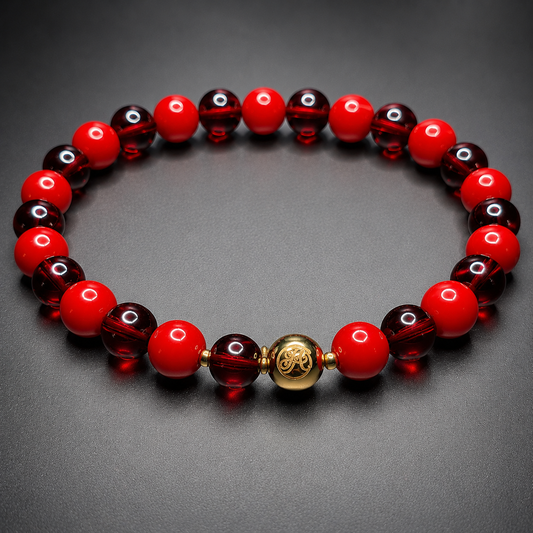RITMO GARNET & RED CORAL handcrafted bracelet with 6mm garnet & red coral / 14k solid gold