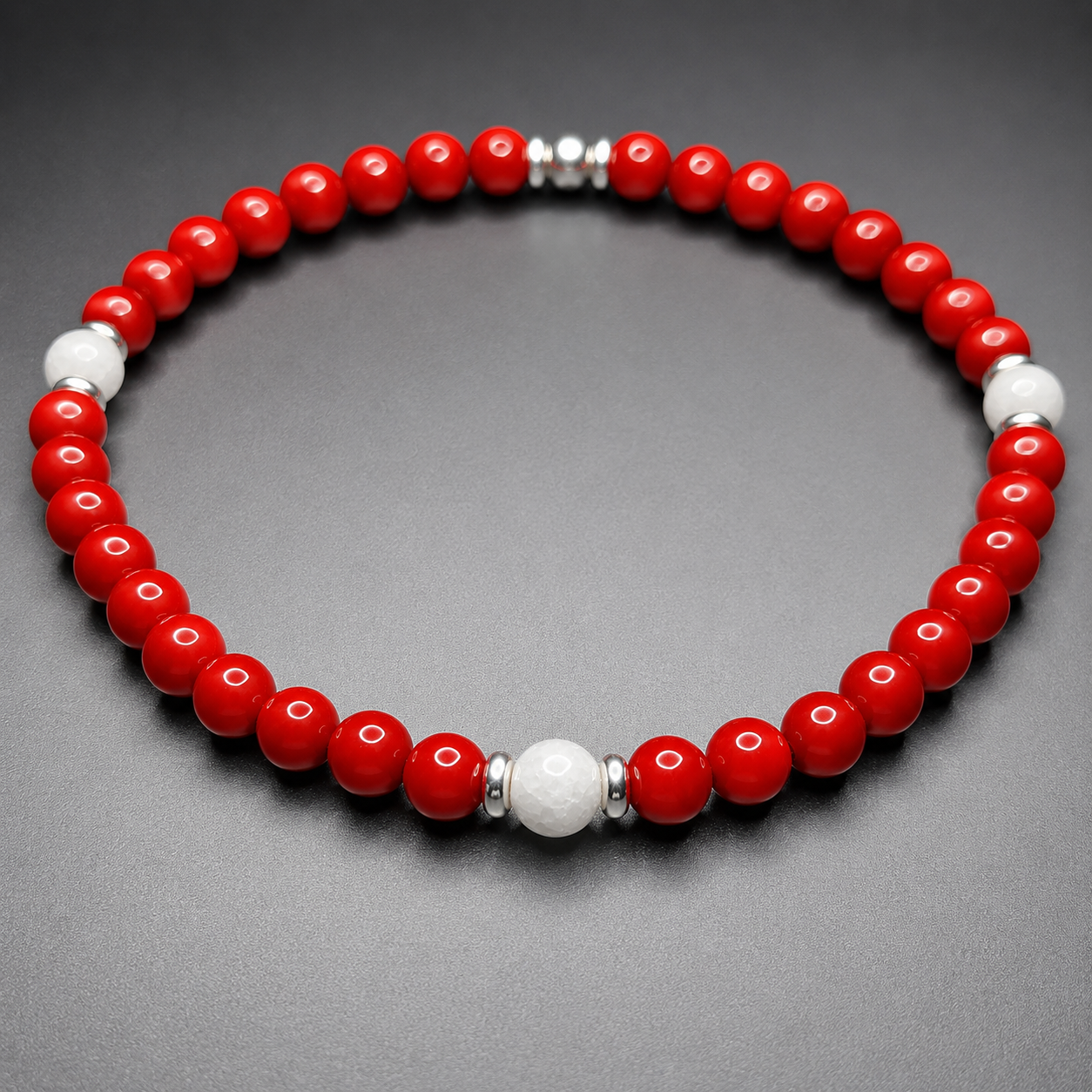 MARINERO RED CORAL & WHITE JADE handcrafted bracelet with 4mm red coral & white jade / sterling silver