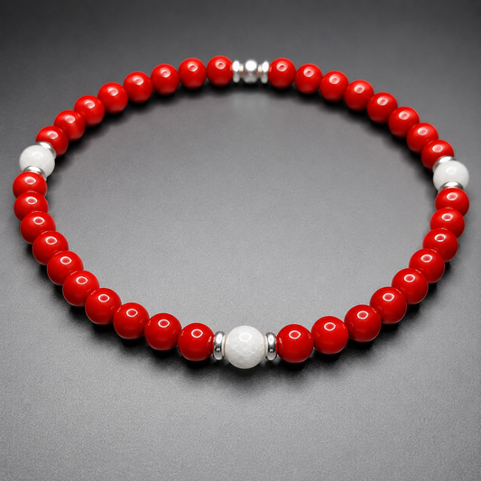 MARINERO RED CORAL & WHITE JADE handcrafted bracelet with 4mm red coral & white jade / sterling silver
