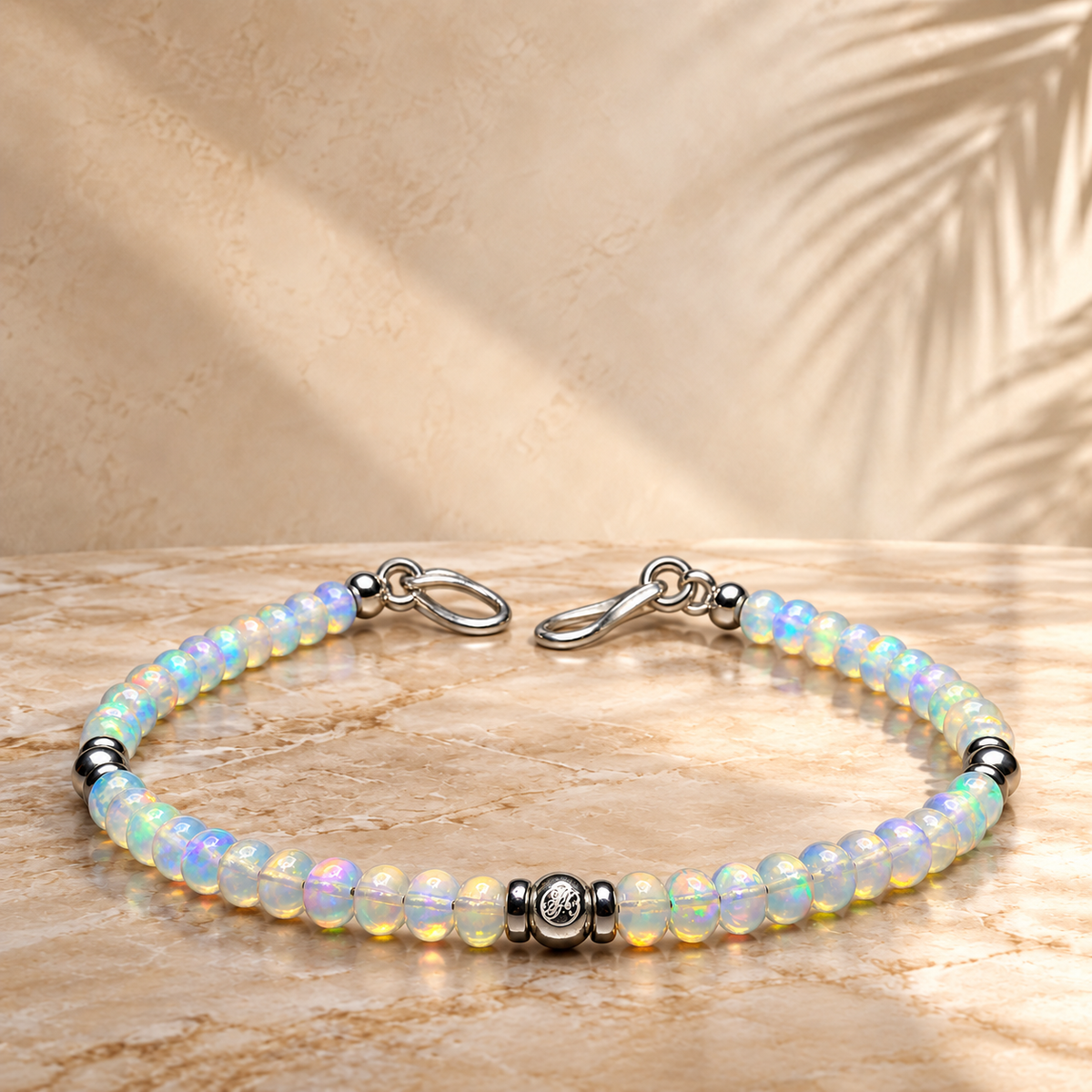 October Aurora Opal and sterling silver V3 bracelet with 3 mm beads