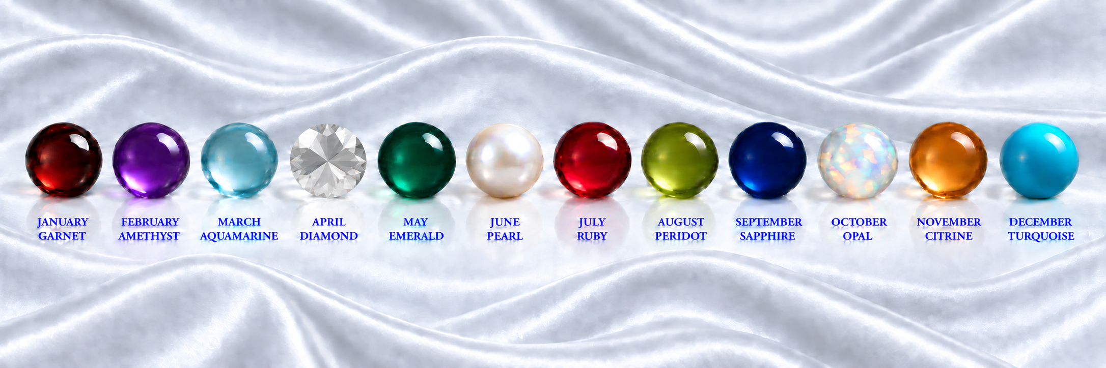 Twelve monthly birthstones from garnet through turquoise